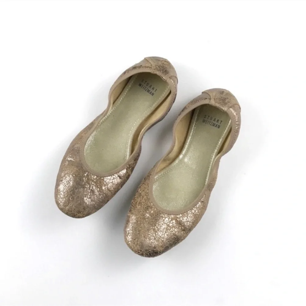 STUART WEITZMAN FRISKY CRACKLED NATURAL KID PENNY BALLET FLATS METALLIC …